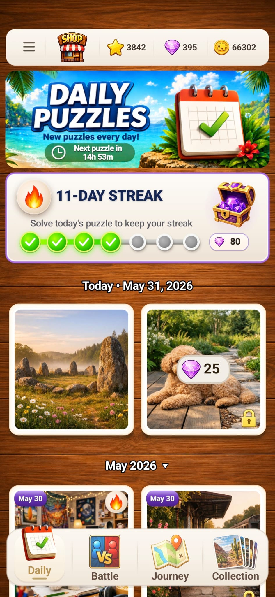 Daily puzzles calendar and an eleven-day puzzle streak
