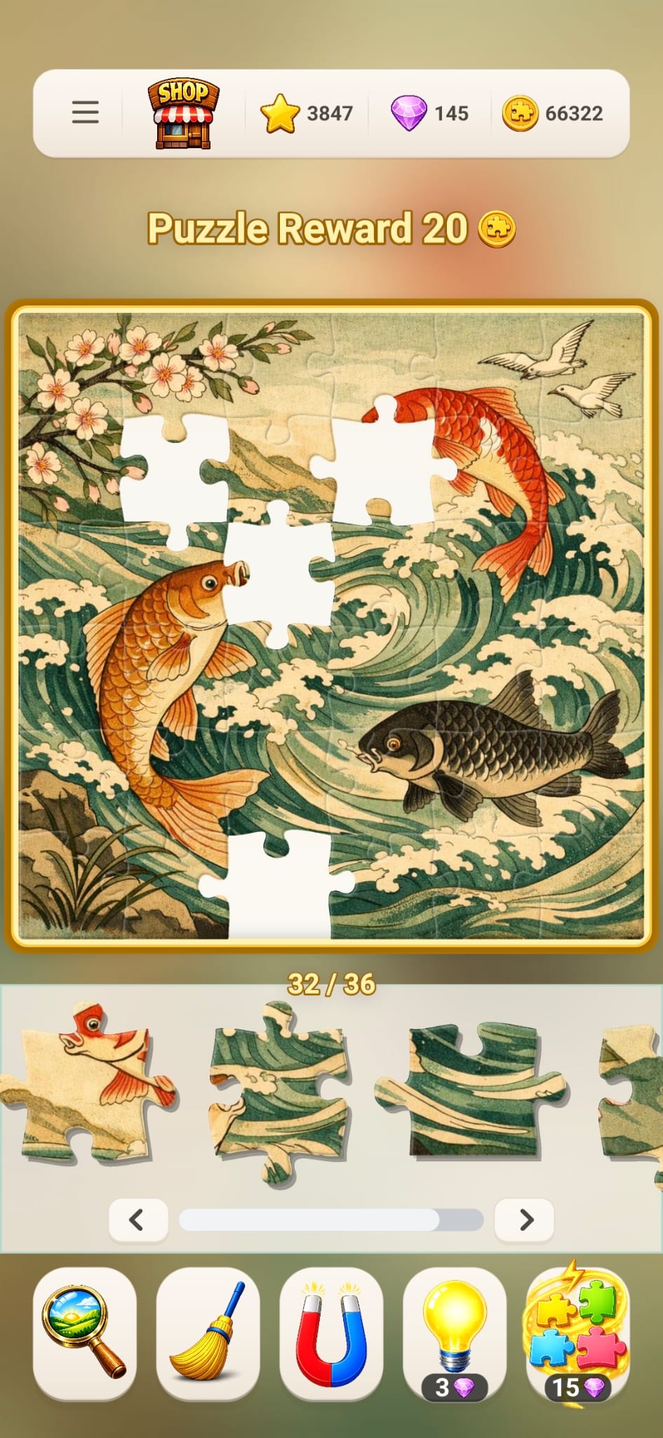 Traditional koi artwork being assembled as a jigsaw puzzle
