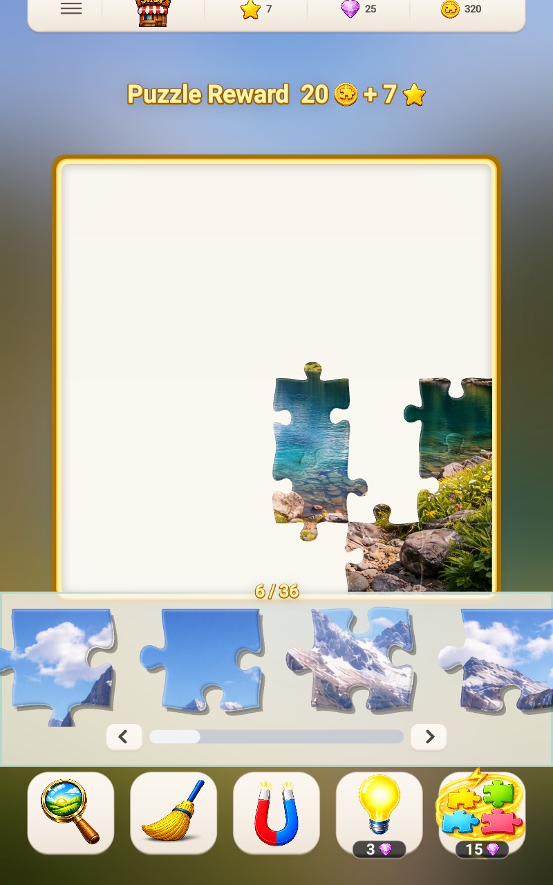 Mountain lake puzzle with sections being assembled