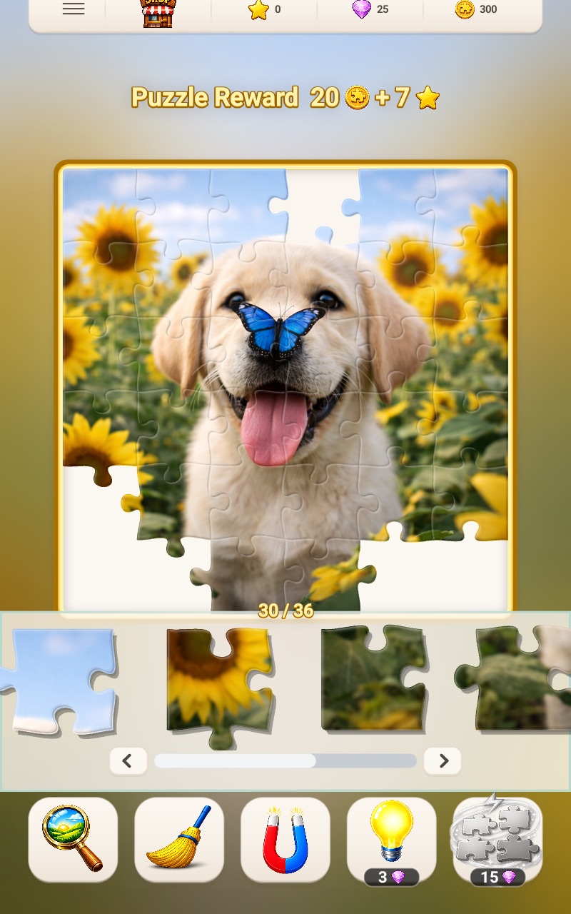 Completed 36-piece puppy jigsaw puzzle in Fun Journey