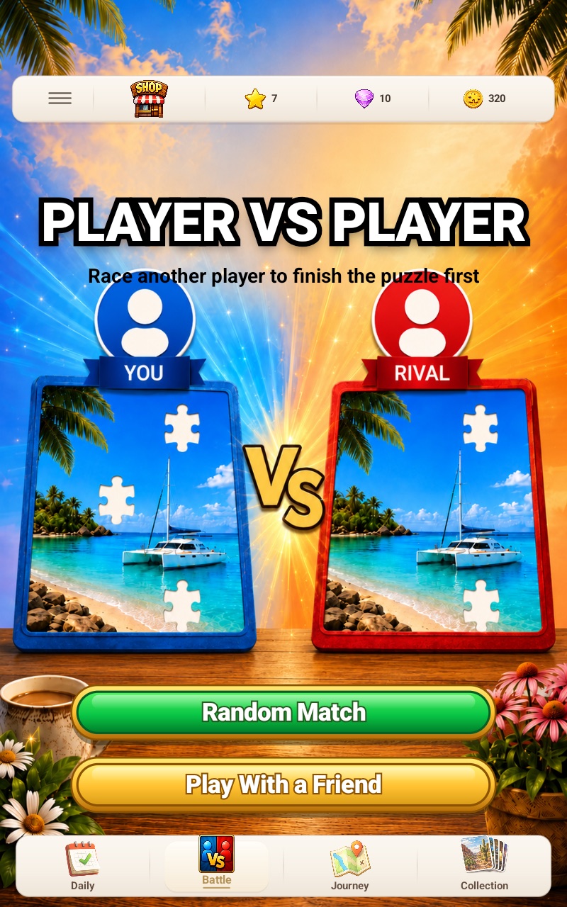 Multiplayer jigsaw puzzle battle with blue and red player boards