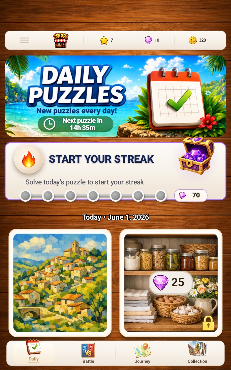 Daily jigsaw puzzle selection and streak progress in Fun Journey
