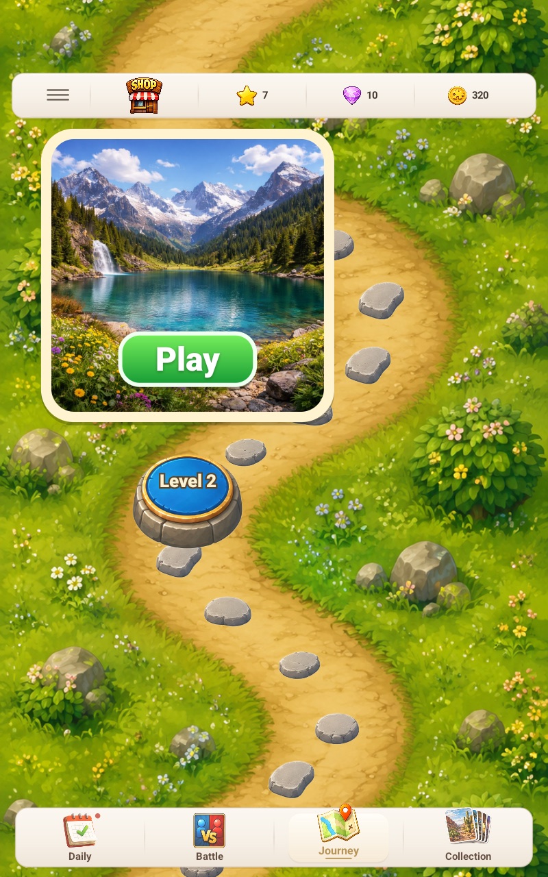 A green journey trail with a mountain lake jigsaw puzzle level